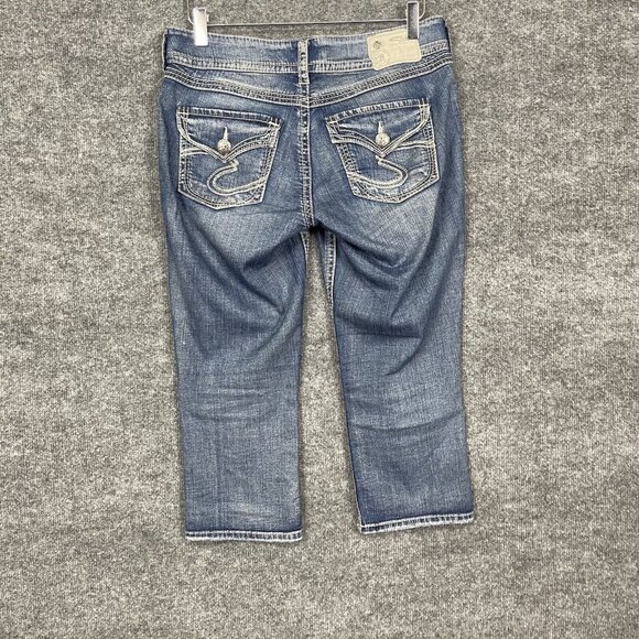 Silver Jeans Womens 28W Blue Suki Surplus Capri Embroidered Flap Pockets Stretch - Picture 3 of 16